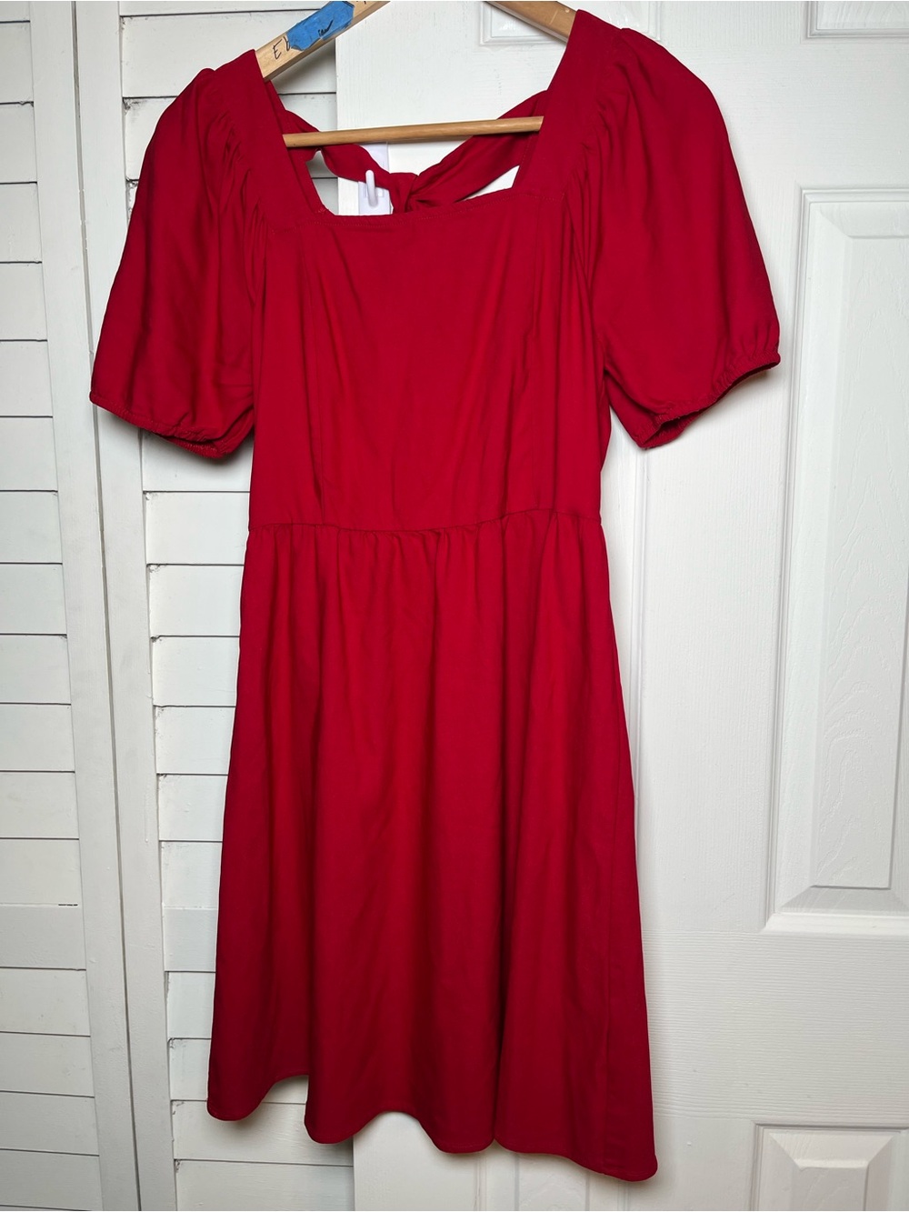 OFEEFAN Red Square Neck Tie Back Midi Dress Small Cottagecore Preppy